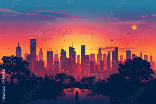 Silhouette of colorful city. Panorama of city with road on landscape background. 