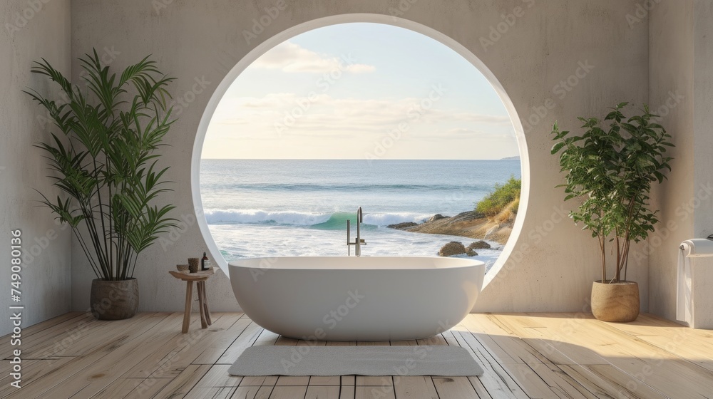 close up view of nice big bath in sea view environment
