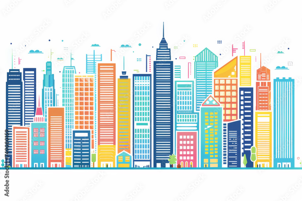 Modern city buildings. Cityscape background and thin line buildings in flat design. 