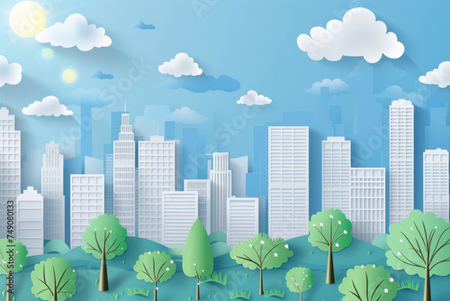 Illustration of city paper in the daytime on a blue sky background with trees and clouds. 