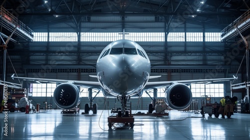 Passenger aircraft on maintenance of engine and fuselage repair in airport hangar photo