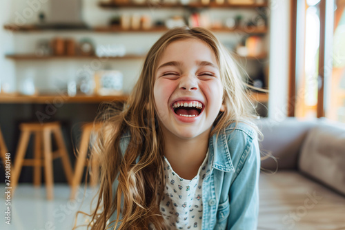 Child laughing, cheerful girl smiling excited with happiness inside her house