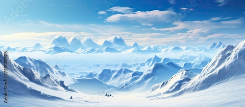 A painting depicting a snowy landscape under a clear sky with towering mountains in the background. The scene captures the tranquility of a sunny winter day.