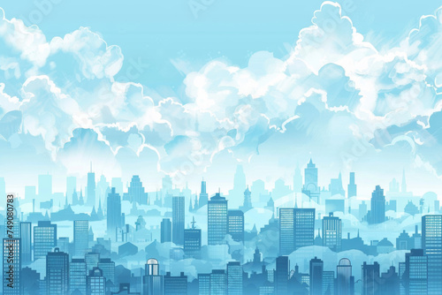 Blue sky cityscape. White clouds over city houses panorama drawing town skyline background with towers and buildings.