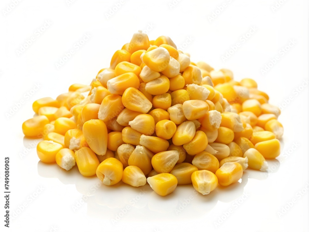 Fresh corn kernels scattered on a clean white background, creating a simple yet visually appealing image. Fresh corn kernels scattered on a clean white background, creating a simple yet visually appealing image.