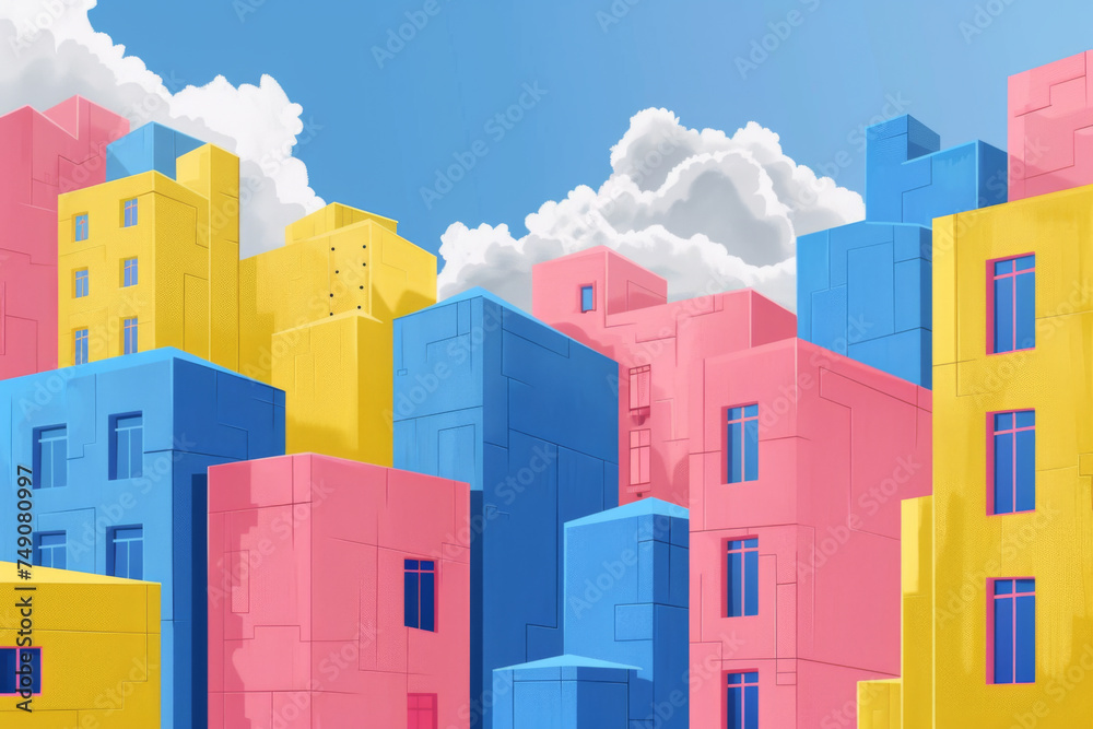 Yellow blue and pink city buildings landscape with clouds design Abstract geometric architecture and urban theme illustration.