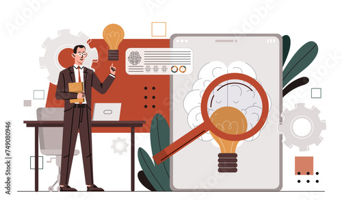 Businessman brainstorm new idea. Man in suit look at smartphone with light bulb. Creative entrepreneur invite business project. Business and investment. Cartoon flat vector illustration