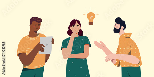 People brainstorm concept. Men and woman discuss about lightbulb. Insight and idea. Workers work at common project and start up. Cartoon flat vector illustration isolated on beige background