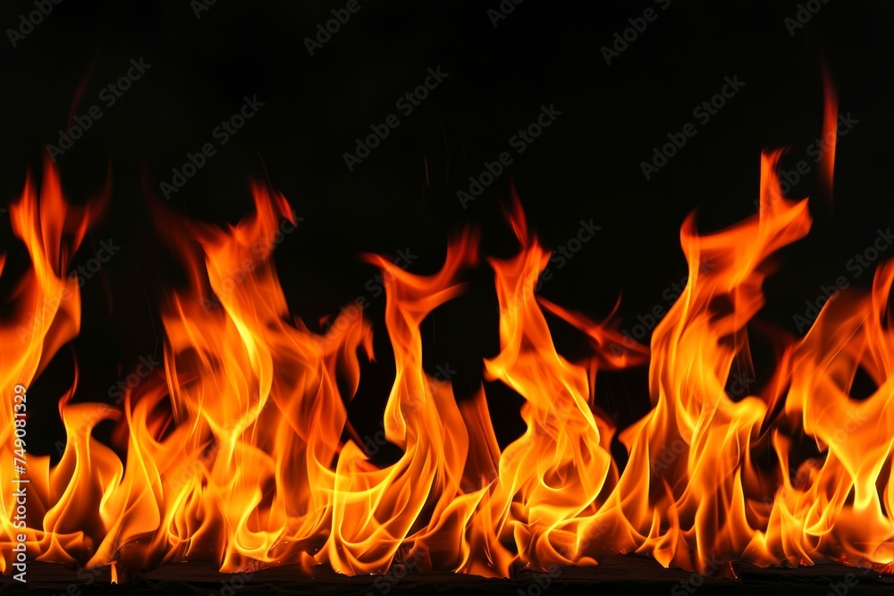 Close-up, Burning fire isolated on dark backdrop, seamless background Close-up, Burning fire isolated on dark backdrop, seamless background