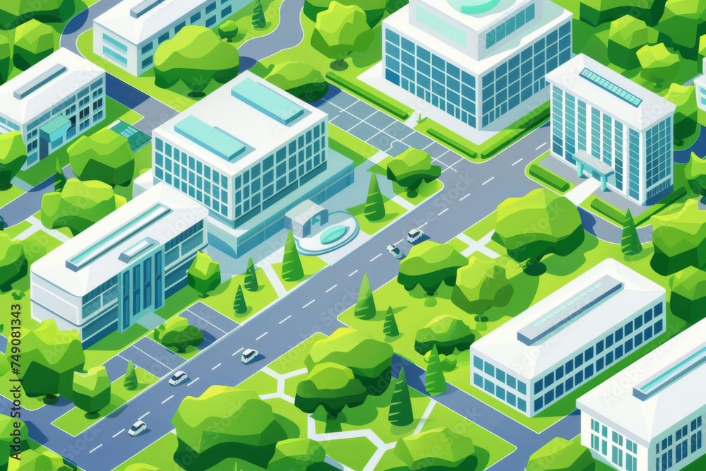 University campus buildings with clean large green park around the campus.