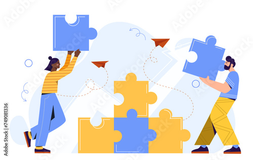 Business team concept. Man and woman with colorful puzzles. Collaboration and cooperation. People work at common project and start up. Cartoon flat vector illustration isolated on white background