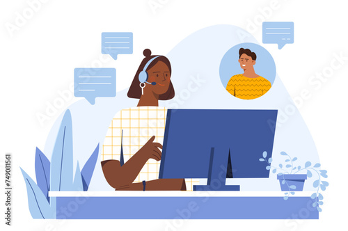 Call center operator concept. Woman in headphones answer to calls from clients. Answers to frequently asked questions. Hot line and techincal support. Cartoon flat vector illustration