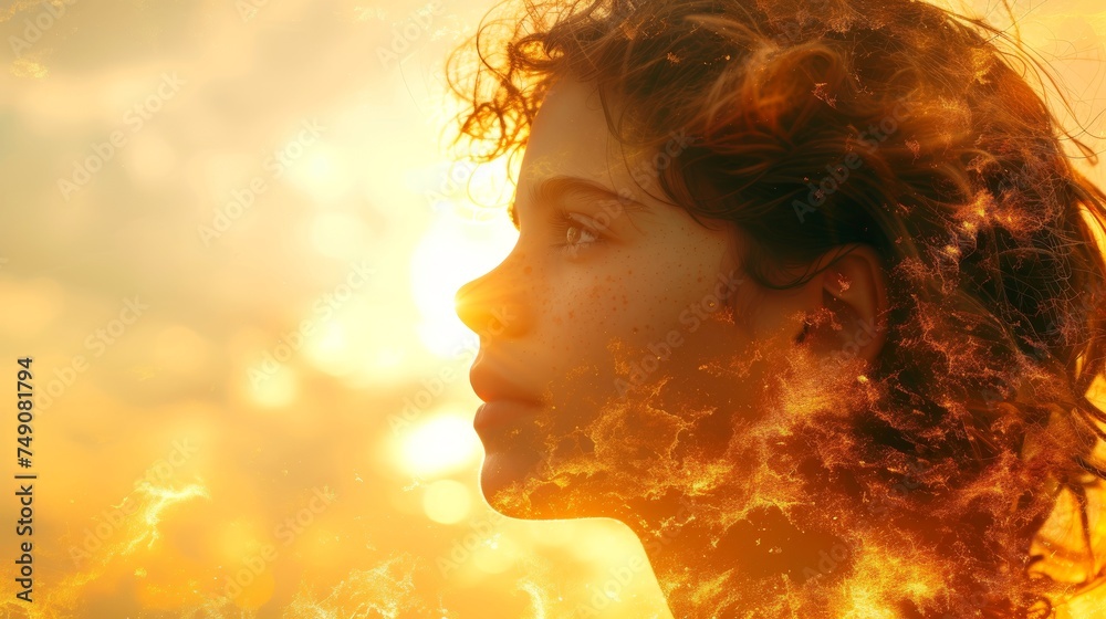 Creative portrait with abstract exposure, capturing the spiritual essence of the human face in closed Creative portrait with abstract exposure, capturing the spiritual essence of the human face in closed