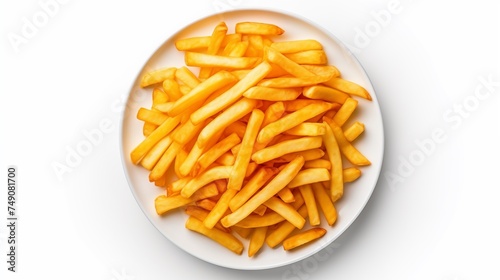 french fries served on a white round plate against a white background in a top-down view