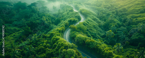 A breathtaking aerial view showcasing a serpentine road meandering through the dense, sunlit canopy of a tropical rainforest.