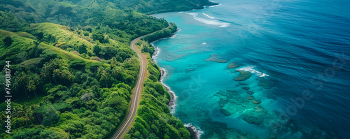 Aerial view of a scenic coastal road hugging the contours of a lush tropical landscape with the clear blue ocean beside it. © Tonton54
