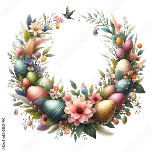 Wreath with Easter eggs and twigs on white background Watercolour painting,Watercolor cute spring flower empty circle frame Illustration