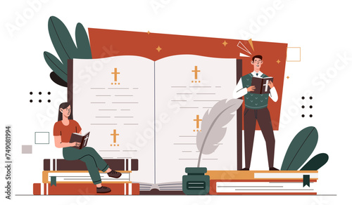 Christ holy bible concept. Man and woman with religious books. Faith and spirituality. Christianity and catholicism. Cartoon flat vector illustration isolated on white background