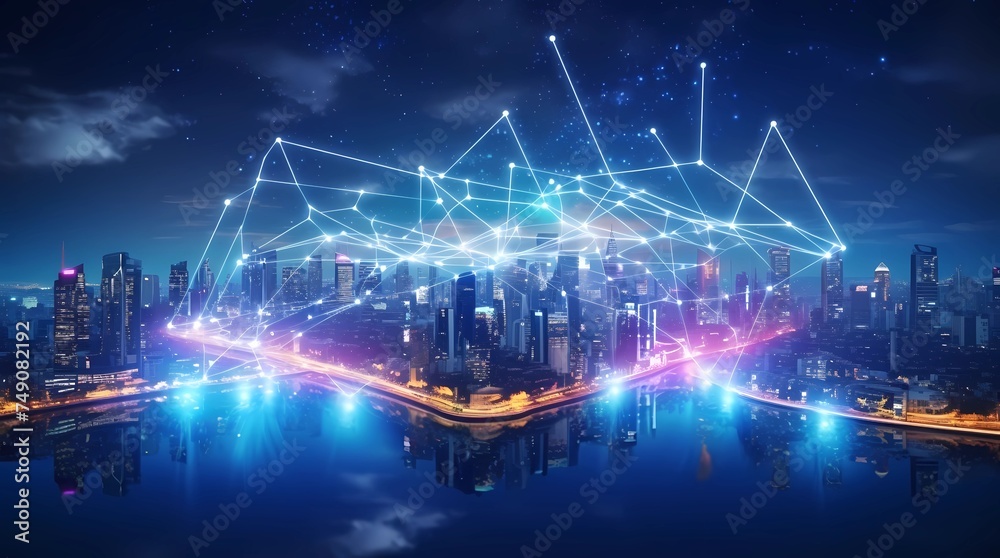 Double exposure of city and network connection concept, Generative AI illustrations.