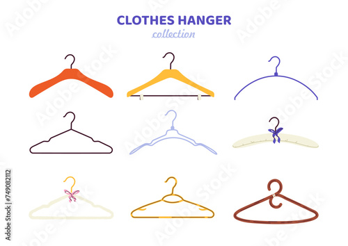 Clothes hangers set. Place for storage apparels and outfits. Retail for boutique and shopping mall. Household equipment. Cartoon flat vector collection isolated on white background