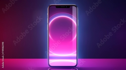 Smartphone with glowing neon circle in dark room, Generative AI illustrations.