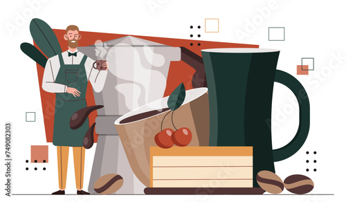Barista with coffee. Man in apron with hot drinks in mug. Cafe or coffee shop worker with beverage. Americano, cappuccino and espresso. Cartoon flat vector illustration isolated on white background