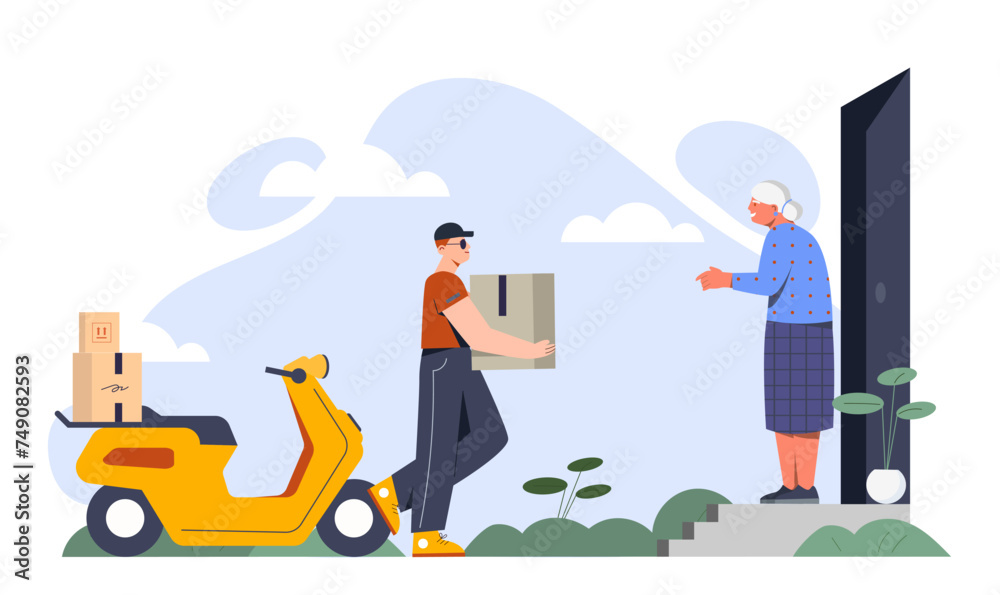 Courier service concept. Man with parcel near yellow scooter go to grandmother. Client and deliverer. Online shopping and fast home delivery. Poster or banner. Cartoon flat vector illustration Courier service concept. Man with parcel near yellow scooter go to grandmother. Client and deliverer. Online shopping and fast home delivery. Poster or banner. Cartoon flat vector illustration