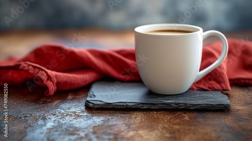 A white coffee mug on a piece of gray slate with a red linen cloth napkin behind it. 