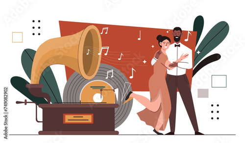 Man and woman dance together. Young guy and girl near grammophone with vinyl. Couple spending time together. Love and romance. Cartoon flat vector illustration isolated on white background