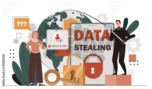 Sad woman with data stealing. Hacker steals personal information from young girl. Dangerous and criminal on internet. Hacker with fishing rod flich password. Cartoon flat vector illustration