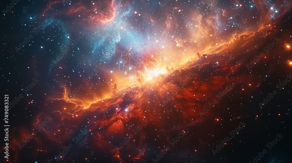 Glowing sacred geometry in nebula space clouds.  - obrazy, fototapety, plakaty 