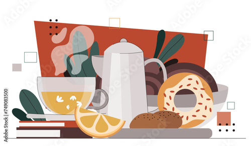 Tea with dessert concept. Hot drink in teapot and cup. Beverage with lemon and bakery or pastry products. Donut and cookies. Cartoon flat vector illustration isolated on white background