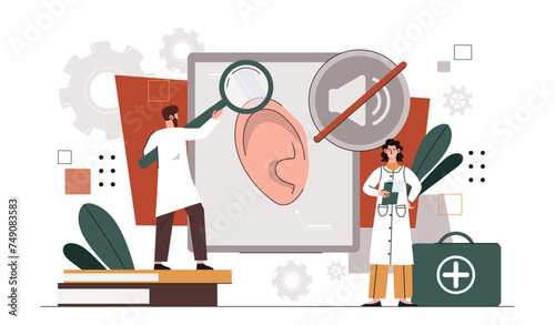 Ear deafness concept. Team of doctors conduct research of ear structure. Scientific research. Health care, treatment and medicine. Cartoon flat vector illustration isolated on white background photo