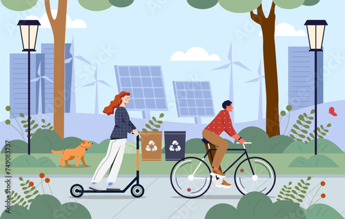 Ecological city concept. Man at bicycle and woman at scooter near solar panels and windmills. Care about ecology and enivronment. Sustainable and zero waste lifestyle. Cartoon flat vector illustration