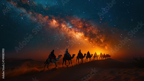 A tribal camel caravan leading camels over a sand dune at night under milky way vista  . Camel caravan silhouette under a starry night sky.