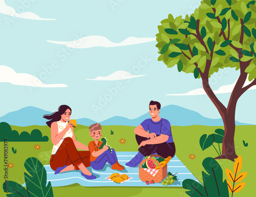 Family on picnic. Man and woman sitting with kid at blue blanket with basket of fruits and croissants. Father and mother with son spending time together outdoor. Cartoon flat vector illustration