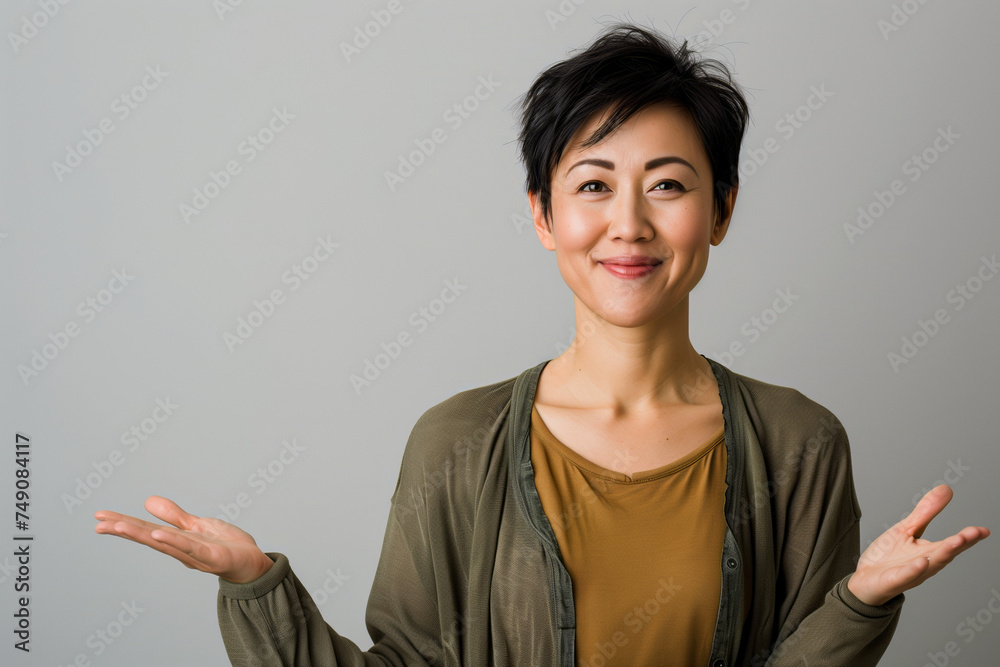 Engaging Asian Woman with Short Hair Gesturing in Conversation on a Neutral Background, Showing Approachability and Confidence Engaging Asian Woman with Short Hair Gesturing in Conversation on a Neutral Background, Showing Approachability and Confidence