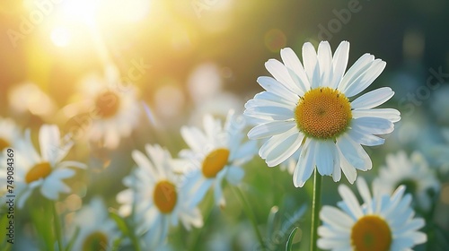 Chamomile flowers field wide background in sun light. Summer