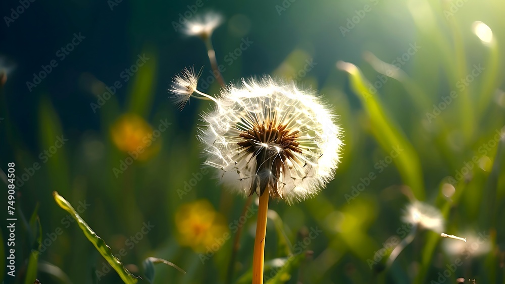 dandelion in the grass with flying seeds with blurred background