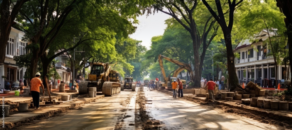 Naklejka premium Road construction team laying tarmac and leveling asphalt gravel at construction site