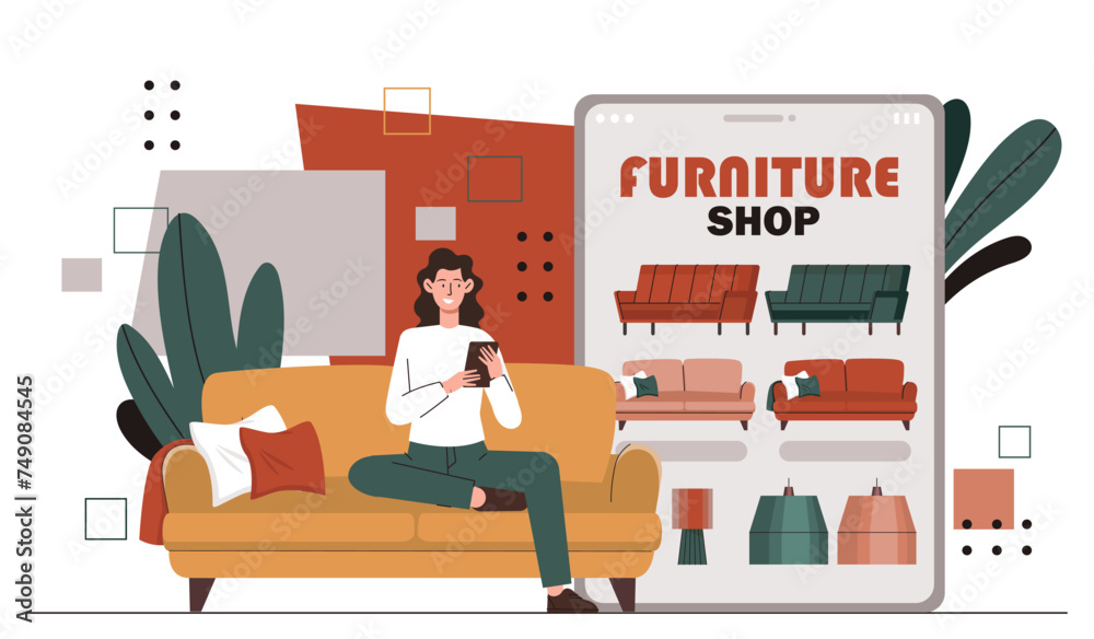 Fototapeta premium Woman buy furniture online. Young girl choose sofa in apartment or home. Shopping on internet with home delivery. Character with smartphone looking for furniture. Cartoon flat vector illustration