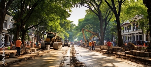 Road construction team laying tarmac and leveling asphalt gravel at construction site