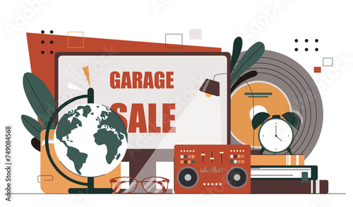 Garage sale concept. Globe, vinyl and books, glasses. Home retail and store. Market with used items. Season announcement. Cartoon flat vector illustration isolated on white background