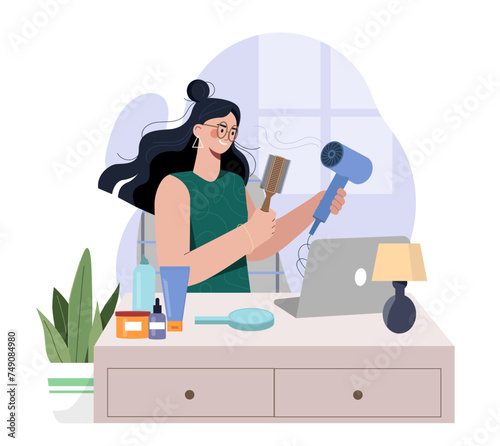 Woman with hair routine. Young girl with hair dryer and comb. Beauty procedures and care about skin and face. Cosmetics products. Cartoon flat vector illustration isolated on white background