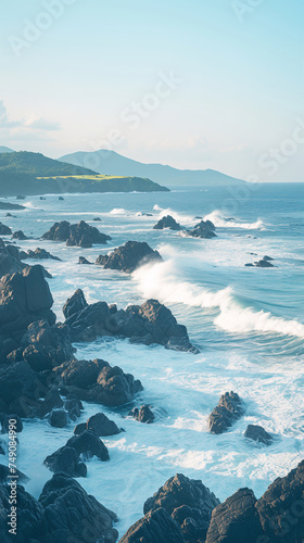 A rocky coastline with crashing waves Calmness atmospheric photo footage for TikTok, Instagram, Reels, Shorts