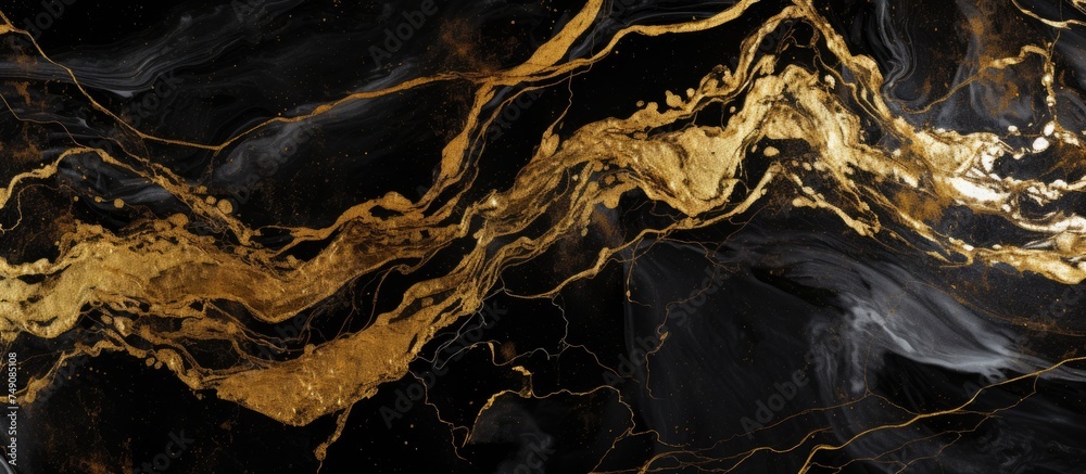 A high-resolution black and gold marble background with abstract texture design, showcasing intricate swirls and patterns in elegant colors.
