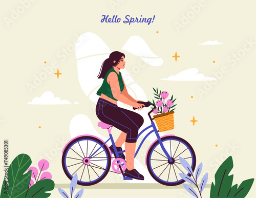 Hello spring poster. Woman at bicycle with basket of flowers. Beauty, elegance and aesthetics. Rest outdoor in summer day. Youn girl at cycle with bouquet. Cartoon flat vector illustration