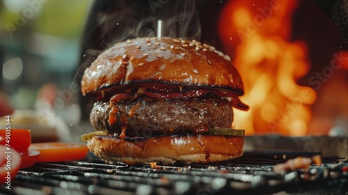 Chef in black gloves cooking a hamburger. Horizontal photo. An unrecognizable photo on black background. Copy space