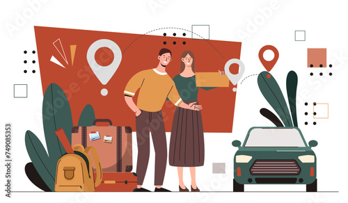 Couple of hitchhikers. Man and woman waiting for cars at roads. Pair with board trying to stop vehicles. Travels and trips, vacations. Cartoon flat vector illustration isolated on white background