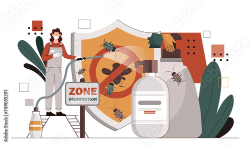 Home pest insects concept. Woman in protective uniform with insecticide against mosquitoes. Zone of disenfection. Hygiene indoor. Cartoon flat vector illustration isolated on white background